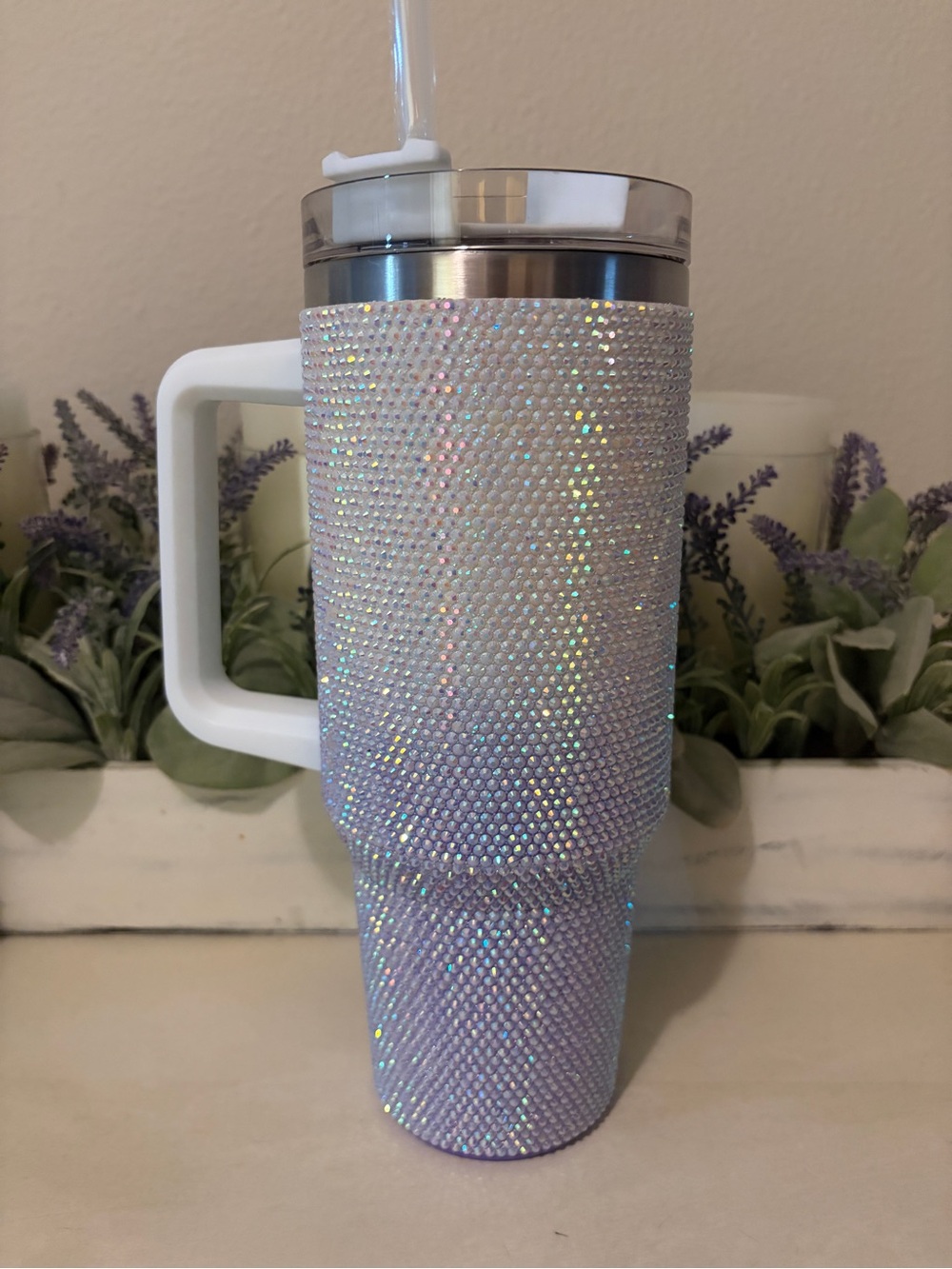 Sparkling Iridescent Rhinestone Travel Mug with Handle - White